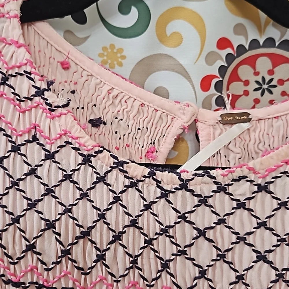 Free People Pink Long Sleeve Smocked Mini Shift Dress Size Small - Picture 3 of 7